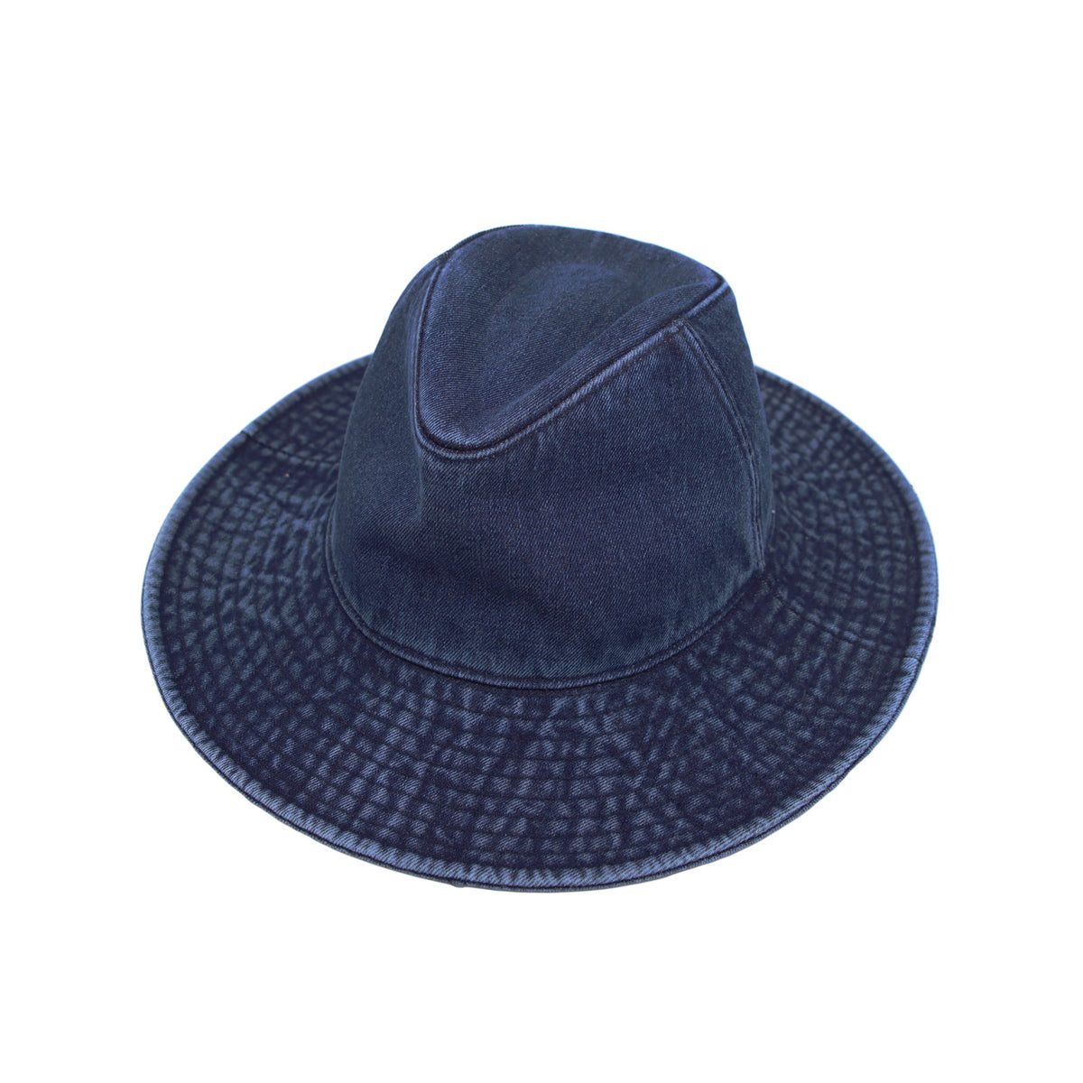 Denim Fedora Hat Plain Stitch Washed Short Wide Brim Panama