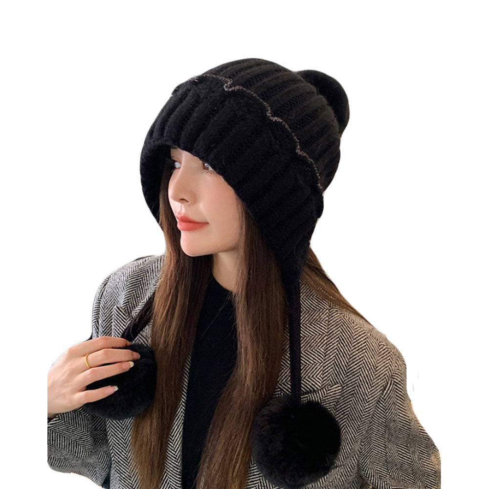 Knit Pom Pom Beanie Hat - Ear Flaps Watch Cap Winter Thick Cable