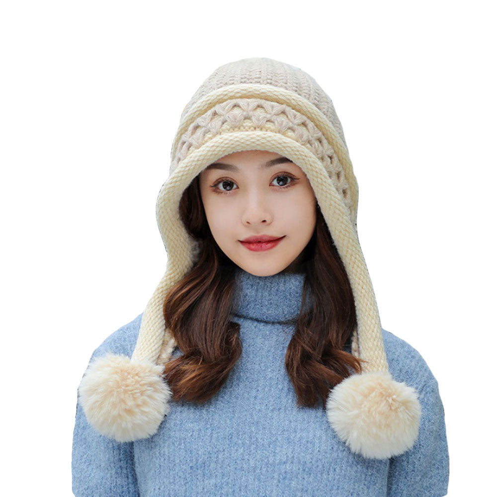 Warm Wnter Knit Hat Ear Flaps for Women - Pom Pom Ski Hat Thick