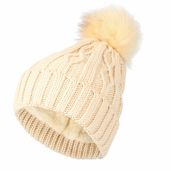 Fleece Twist Knit Pom Beanie Winter Hat Slouchy Cap