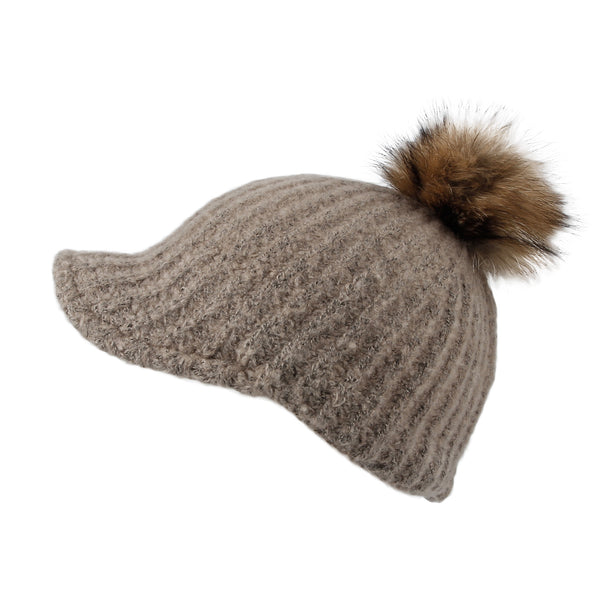 Women Ribbed Visor Knit Pom Beanie Hat Winter Warm Cap
