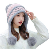 Warm Wnter Knit Hat Ear Flaps for Women - Pom Pom Ski Hat Thick Cable YZ70240