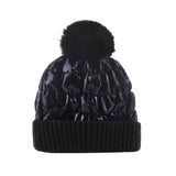 Women Winter Pom Puffer Beanie Metallic Down Fleece Knit Hat Slouchy