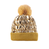Women Winter Pom Puffer Beanie Metallic Down Fleece Knit Hat Slouchy YZP0255