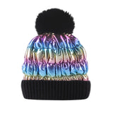 Women Winter Pom Puffer Beanie Metallic Down Fleece Knit Hat Slouchy YZP0255