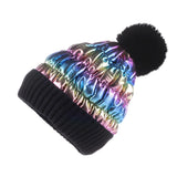 Women Winter Pom Puffer Beanie Metallic Down Fleece Knit Hat Slouchy YZP0255