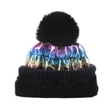 Women Winter Pom Puffer Beanie Metallic Down Fleece Knit Hat Slouchy YZP0255