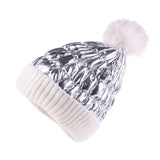 Women Winter Pom Puffer Beanie Metallic Down Fleece Knit Hat Slouchy YZP0255