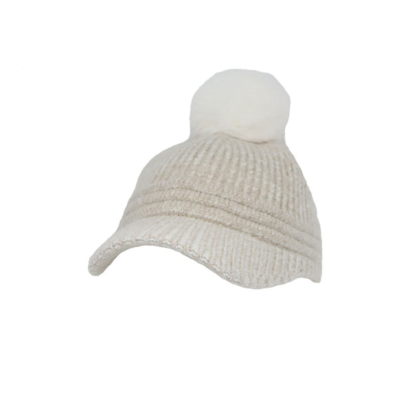 Knitted Women Winter Cap with Visor Brim Pom Beanie Soft Warm Ribbed Hat