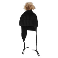 Ribbed Knit Beanie Velour Lining Hat Pom Earflaps Cap