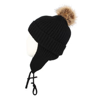 Ribbed Knit Beanie Velour Lining Hat Pom Earflaps Cap BZ70012