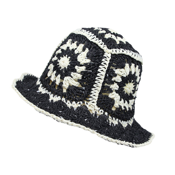 Women Floral Straw Crochet Sun Cap Summer Bowler Foldable Bucket Hat