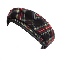 Wool Beret Hat Tartan Check Leather Sweatband