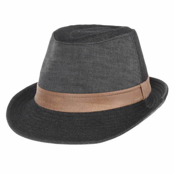 Denim Cotton Fedora Hat with Faux Leather Band