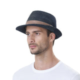 Denim Cotton Fedora Hat with Faux Leather Band LD3279