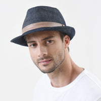 Denim Cotton Fedora Hat with Faux Leather Band LD3279