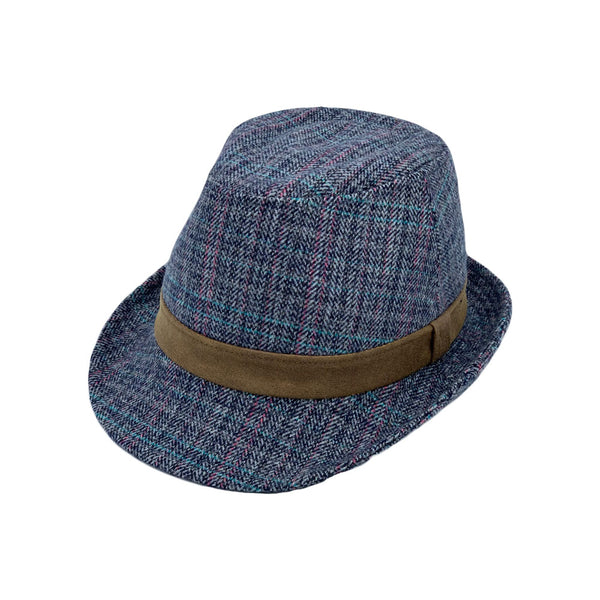 Herringbone Check Pattern Fedora Hat Wool Classic Trilby Short Brim