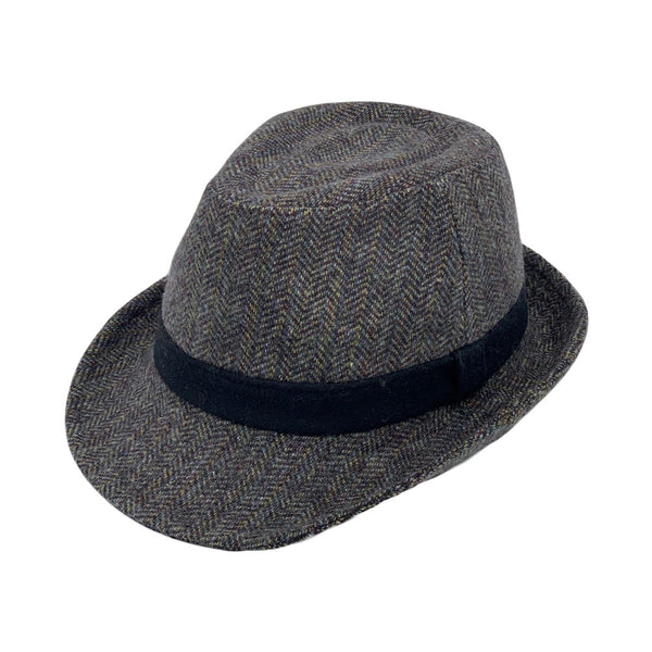 Wool Herringbone Check Fedora Hat - Classy Trilby Manhattan Structured Short Brim