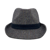 Wool Herringbone Check Fedora Hat - Classy Trilby Manhattan Structured Short Brim LD61567