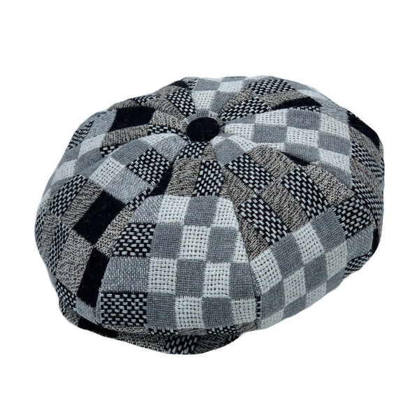 8 Panel Ivy Newsboy Cap - Applejack Paperboy Hat Winter Knitted Checkered Patchwork