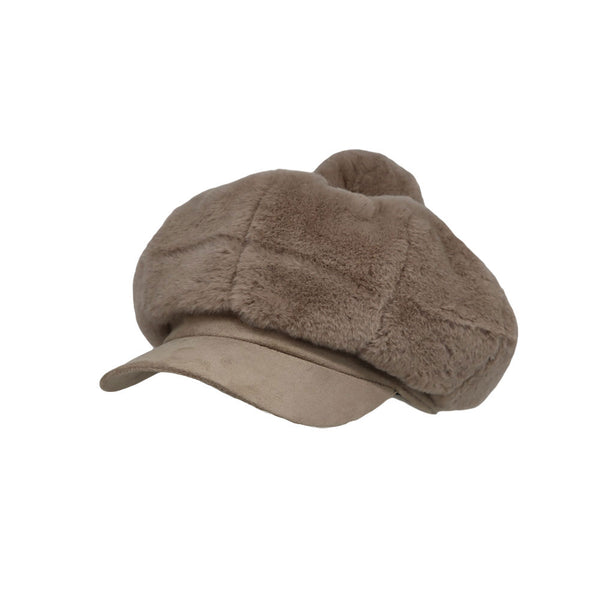 Winter Fuzzy Pom Fleece Y2K Newsboy Hat Suede Brim Baker Boy Beret Flat Cap