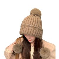 Knit Pom Pom Beanie Hat - Ear Flaps Watch Cap Winter Thick Cable Ski Hat YZ70239