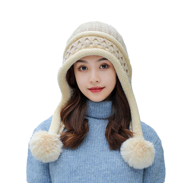 Warm Wnter Knit Hat Ear Flaps for Women - Pom Pom Ski Hat Thick Cable