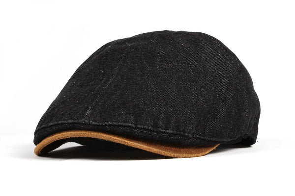 Denim Newsboy Hat faux leather brim Flat Cap